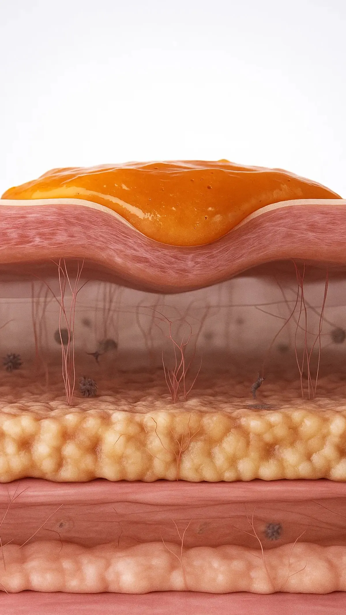 Illustrated cross-section of skin layers with a thick amber serum resting on the surface