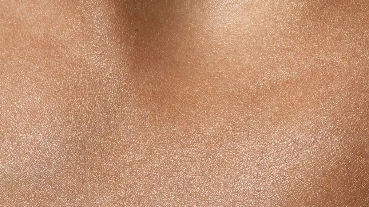 Macro photograph of bare skin on a shoulder and chest, showing natural surface texture and fine lines